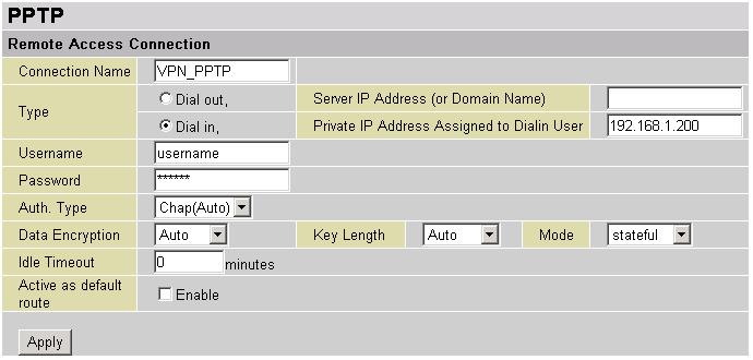 Configuring PPTP VPN in the Office The input IP address 192.168.1.200 will be assigned to the remote worker. Please make sure this IP is not used in the Office LAN.