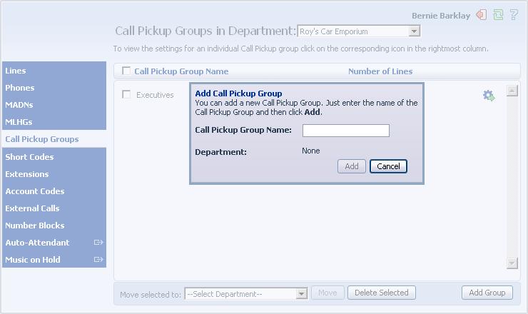 1. Click on Add Group. 2. Enter the name of the new Call Pickup Group in the text box. 3. Click on Add. Figure 30: Add Call Pickup Group dialog box 7.