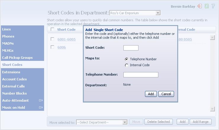 1. Click on Add. 2. Enter the number of the Short Code to add. 3. Enter the telephone number or internal code the Short Code should dial. 4. Click on Add. Figure 34: Add Single Short Code dialog box 8.