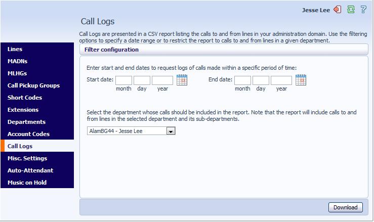 Figure 42: CommPortal Business Group Admin Call Logs display Enter the time frame (up to 30