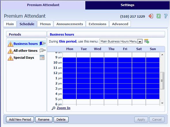 Figure 48: Premium Attendant Schedule tab Next you will need to select any non-working days such as holidays by clicking on the calendar icon in the Periods section of the Schedule page.