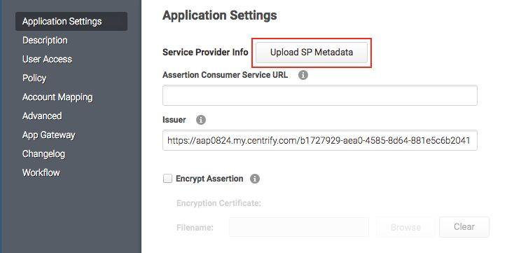 In the SAML Application Settings section in Centrify, select Upload SP Metadata.