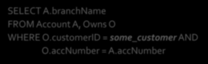 We can also find all of the branches that a particular customer has an account in SELECT A.branchName FROM Account A, Owns O WHERE O.