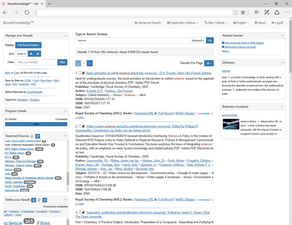 MuseKnowledge Hybrid Search Demonstration Search: MuseSearch Application with Muse Central Index Source Packages; Individual Source Packages for each