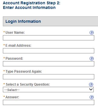 3. Complete the Account Registration Step 2 and enter Login Information; all fields must be