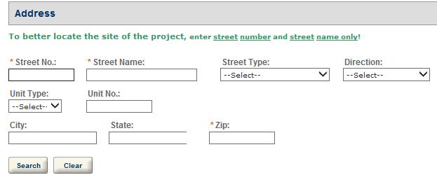 5. Step 2: Project Location; enter the street number and street name,