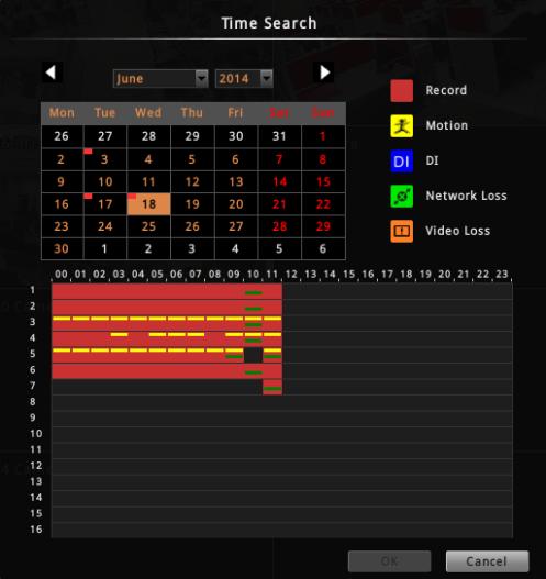 2 3 4 Recording exists No recording exists 2. Specify the date on the calendar. 3. Choose the hour from the 24-hour time bar. Special recorded events are indicated in different colors.