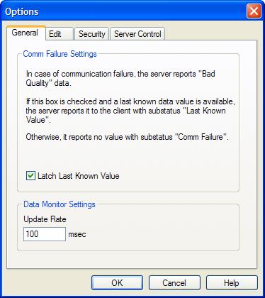 General Tab Comm Failure Settings This setting allows you to choose how the OPC server will report data to the clients when the communication fails.