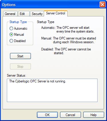 Server Control Tab Startup Type This setting allows you to select how the OPC server will start. Automatic causes the OPC server to start when the system starts.