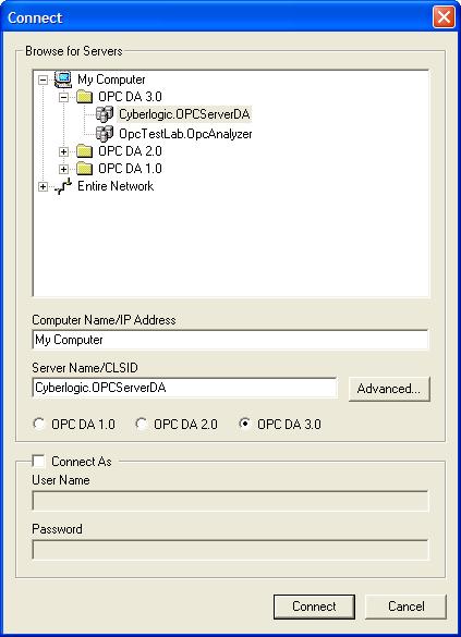 The client application can connect to OPC servers running locally or on other machines on a network.