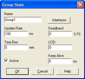 Name This is the name of the group. Interfaces Click this button to display a list of all of the COM interfaces supported by this group object. This button is available only for DA 3.0 servers.