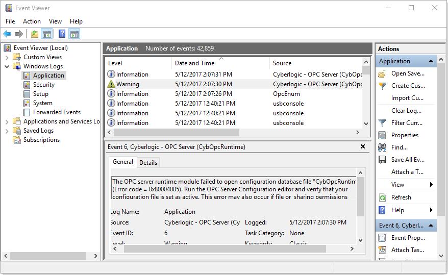 2. Select Windows Logs\Application from the Event Viewer tree. 3. Look for entries with CybOpcRuntime in the Source column. Caution! The Event Viewer does not clear itself after rebooting.