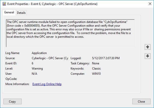 5. For further descriptions of the event log messages, refer to the Cyberlogic OPC Server Messages section.