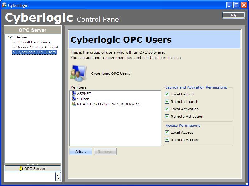 8. In the Cyberlogic Control Panel, select Cyberlogic OPC Users. 9. Verify that the IIS user account is shown. If it is not, click Add... to add it to the group. 10.