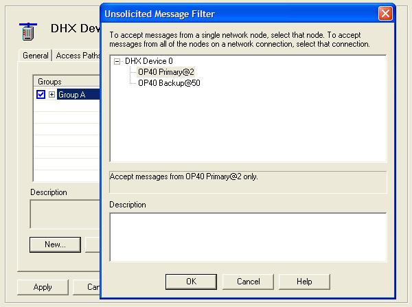 8. In the Unsolicited Message Filter dialog, select OP40 Primary@2. This creates a filter that will accept unsolicited messages from the primary PLC. 9. Click OK. 10.