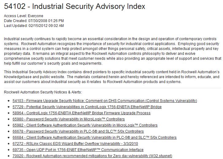 Keeping Apprised Security Advisory Index AID#54102 Rockwell Automation Knowledgebase Copyright 2011