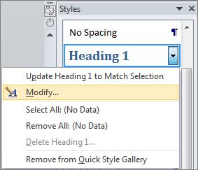 Working with Headings 2. Click the Modify option. The Modify Style dialog box appears. 3. Click the Format button to view a list of options, and then click the Numbering option.