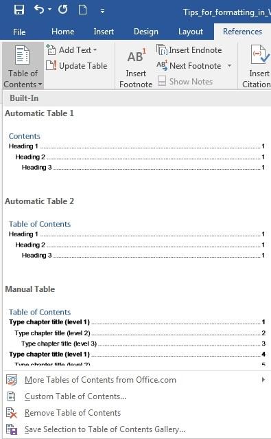 2 Update a generated Table of Contents Click on the Table of