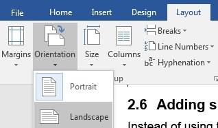 Next Page Repeat steps after placing cursor at the end of the section you wish to break To change the page orientation: Click on the page you want to orient Select the Layout tab from the