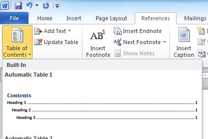 Select the Table of Contents style you want Note: For more options click Insert Table of Contents to open the Table of Contents dialog box.