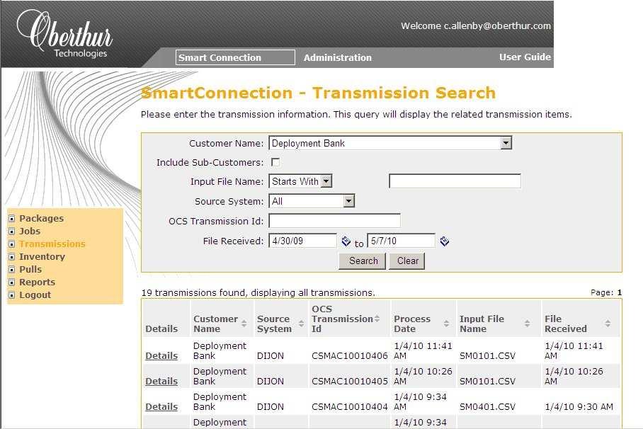 The Transmission Search screen is displayed.