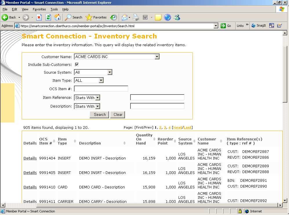 The Inventory Search screen is displayed. Figure 30 The Inventory Search Screen, Showing Query Results 20 items are displayed per page.