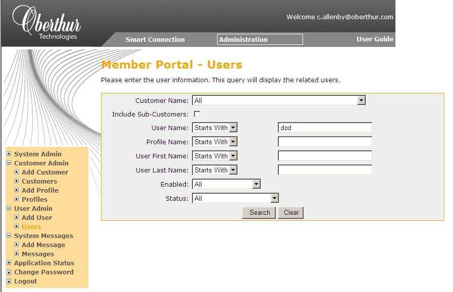 Figure 59 The Member Portal Users Screen Select or type the search criteria such as: Customer Name Select the specific customer from the dropdown or choose All if the customer name is unknown.