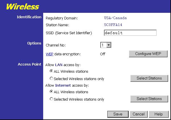 Setup Wireless Screen The Wireless Access Point settings must match the other Wireless stations.