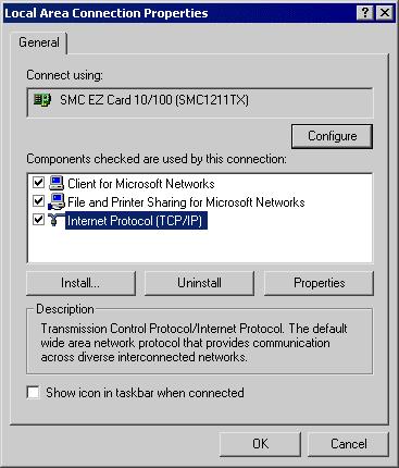 Checking TCP/IP Settings - Windows 2000: 1. Select Control Panel - Network and Dial-up Connection. 2. Right click the Local Area Connection icon and select Properties.