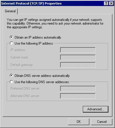 PC Configuration 5. Ensure your TCP/IP settings are correct: Using DHCP Figure 15: TCP/IP Properties (Win 2000) To use DHCP, select the radio button Obtain an IP Address automatically.