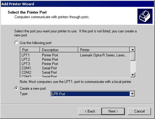 Figure 21: Windows 2000: Select Port 4. In the Dialog requesting Name or Address of server providing lpd, enter the IP address of the EH-2101W. 5.