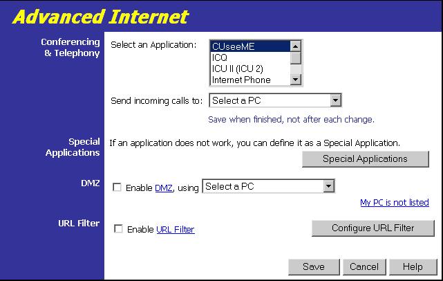 Advanced Features Advanced Internet Screen This screen allows configuration of all advanced features relating to Internet access.