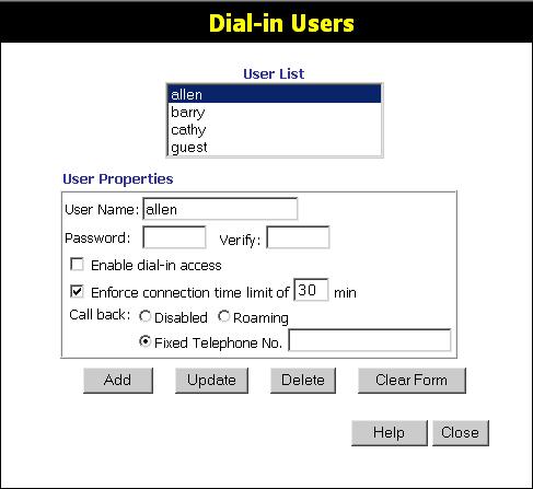 Dial-in Dial-in Users Screen This screen is reached via the Dial-in Users button on the Dial-in screen. All defined users are listed.