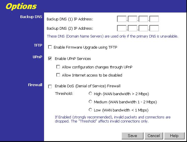 Advanced Configuration Options This screen allows advanced users to enter or change a number of settings. For normal operation, there is no need to use this screen or change any settings.
