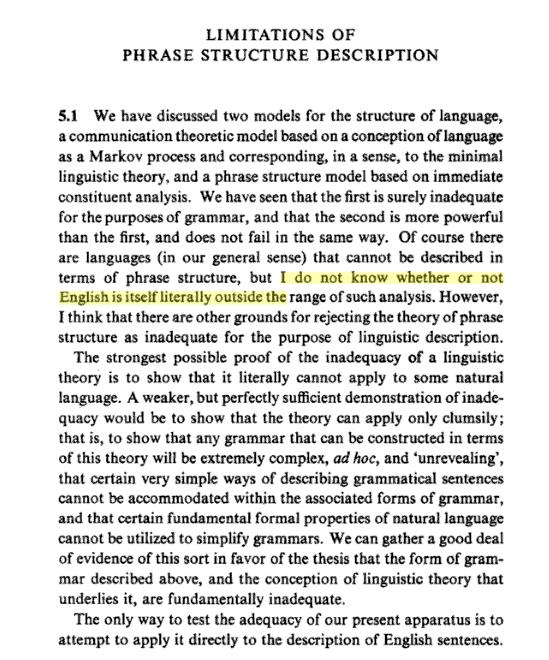 = DFA = CFG Chomsky s Answer (yntactic tructures, 957) Current Answer Most linguists argue that most natural languages are not contextfree But, it is hard to really answer this question: e.g., he cat the dog the rat bit chased likes fish.