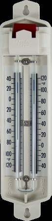 Thermometers Thermometers This magnet reset, mercury filled thermometer includes a tenite case. Range -40º to 120ºF in 2º increments. Non-refillable. 800600 Max.-Min.