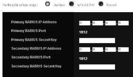 RADIUS Server Port Access port of the server Primary RADIUS Secret Key Password to access the server Add secondary server details