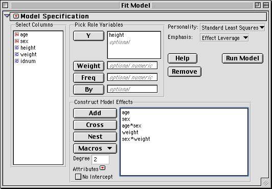 For example, in the following screen shot, a model involving age, sex, and weight (and some interactions terms) is being