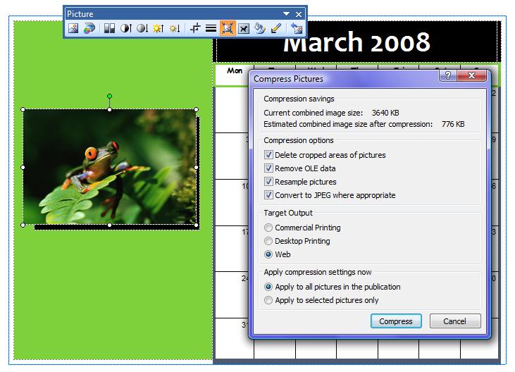BSBITU309A Microsoft Publisher 2007 8. Click on the Page 3 for March 9. Click on the Picture 10. Click on the Compress Pictures button 11.
