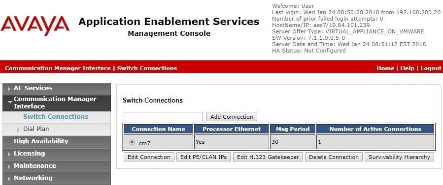 7.3. Administer H.323 Gatekeeper Select Communication Manager Interface Switch Connections from the left pane.