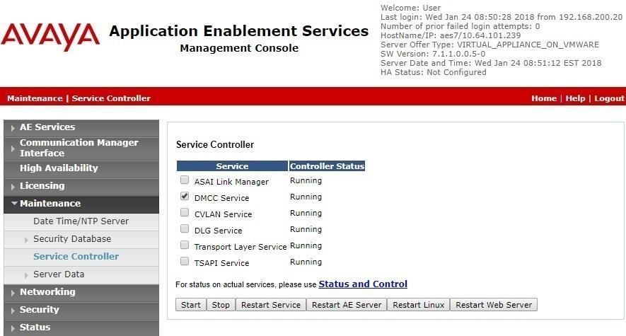 7.7. Restart Services Select Maintenance Service Controller from the left pane, to display the