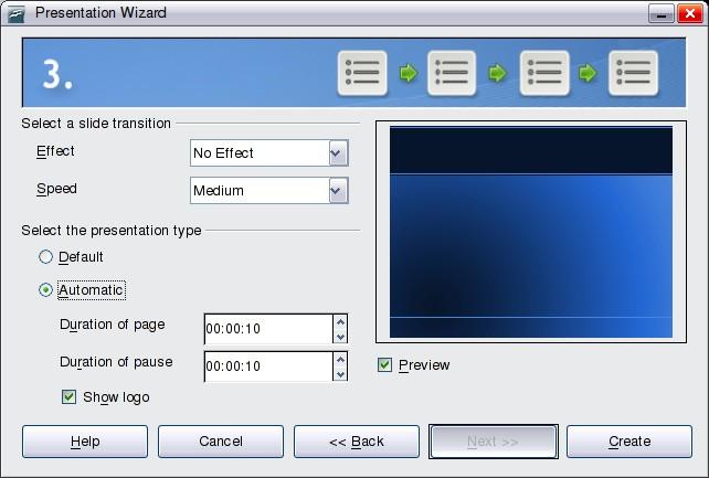 Figure 14: Selecting a slide transition effect 6) Click Create. A new presentation is created.