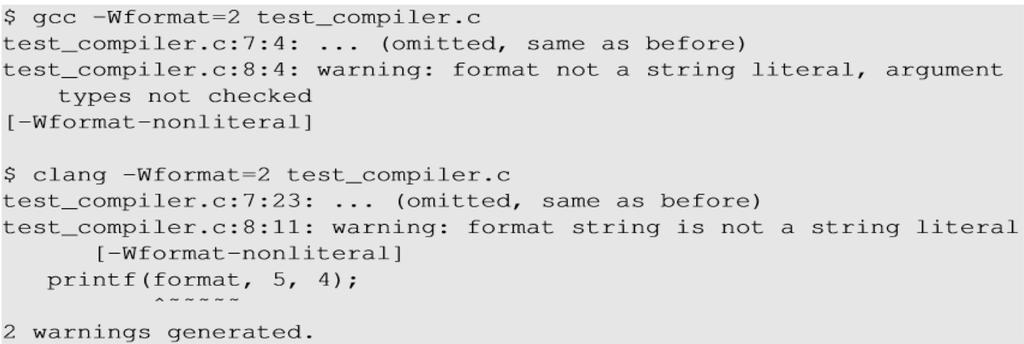Countermeasures: Compiler On giving an option -wformat=2, both compilers give warnings for both printf statements stating that the format string is
