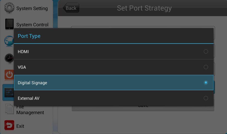 3. Press the port type bar to choose the port it the period. 4. Press Save to save the setup. 3.