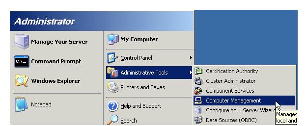 Windows Server 2003 Step 1: Click the Start button and point to Administrative Tools, and then click the Computer Management option.