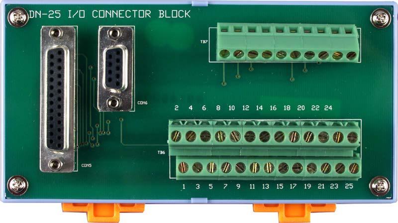 DN-25 The DN-25 is a general-purpose DIN-Rail mountable daughter board containing female 25 pin D-sub I/O Connectors and is designed to allow easy field wiring connections.