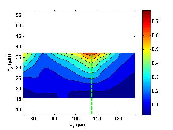 18: Displacement contour and line plot profiles as a function of depth (x 3) through the thickness of the gel. Part 4.