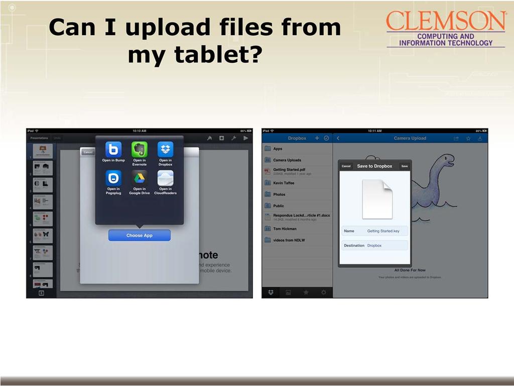 Native File Apps allow you to upload as well. For example, from the KeyNote app, you can choose to open the presentation in another App.