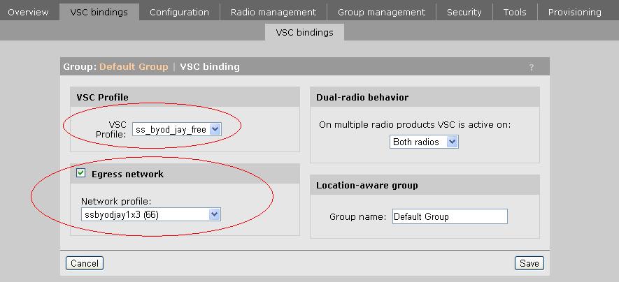 Configuring a public VSC binding 1. In the Network Tree area, expand the Controlled APs node and select the AP group that the AP belongs to. 2. Click the VSC bindings tab. 3. Click Add New Binding. 4.