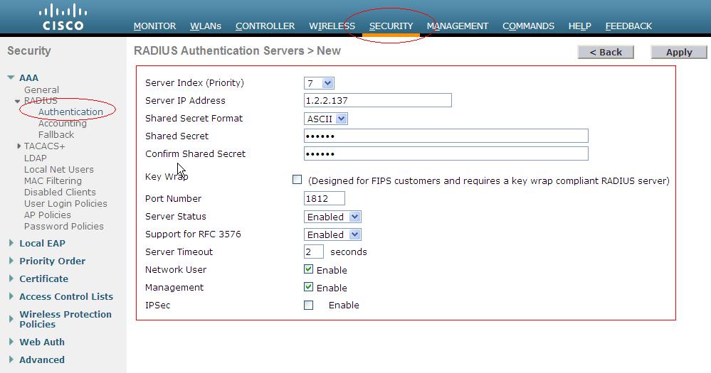 Configuring AIR-WLC2100-K9 Configuring authentication and accounting servers Configuring the authentication server 1. Click the SECURITY tab. 2.
